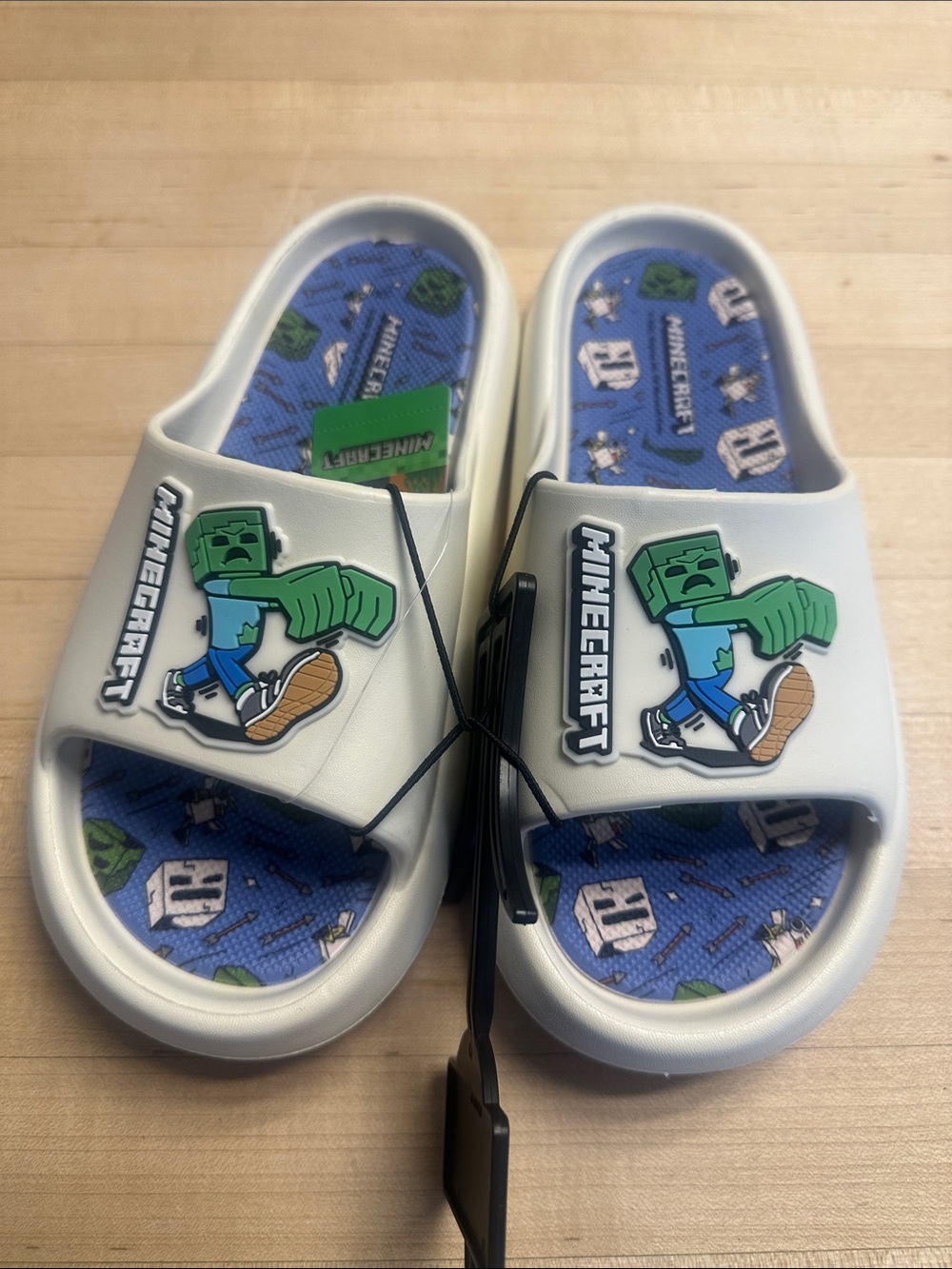 Minecraft Kids White Slide Sandals with Blue Graphic Footbed